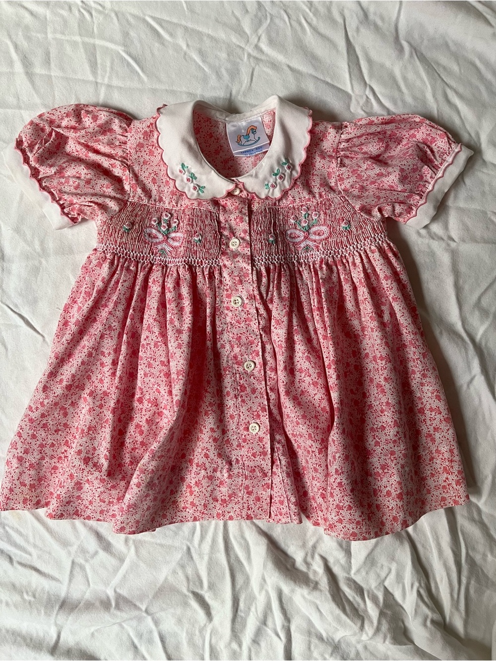 Vintage Pink Floral Smocked Baby Dress with Embroidered Collar Size 12M
